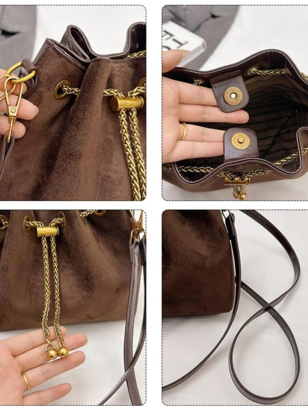 Mini Suede Bucket Bag for Women Drawstring Faux Brown Suede Purse Vintage Leathe - Picture 5 of 7